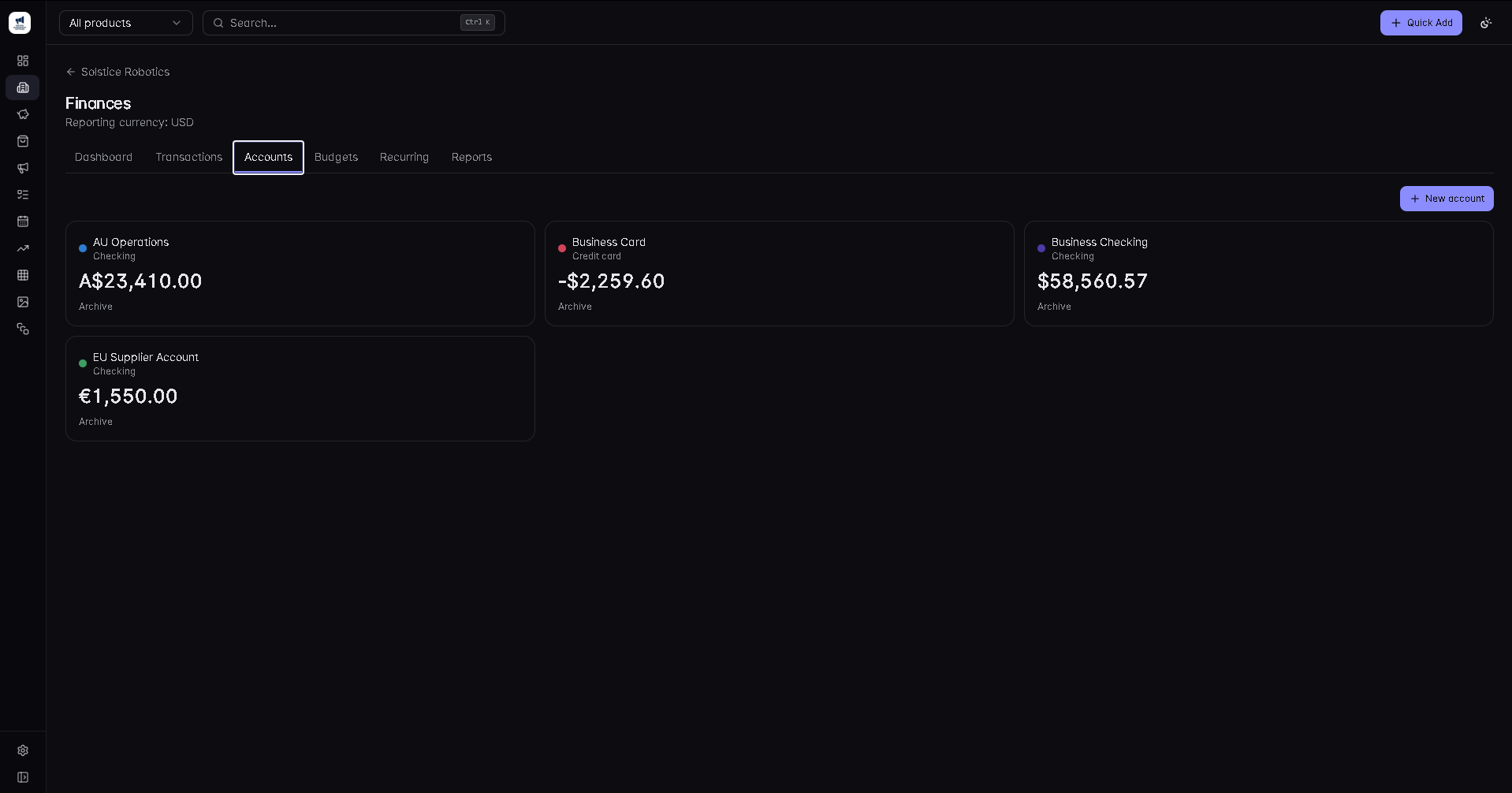 Kaiyo Management's Accounts tab, showing balances in USD, AUD, and EUR